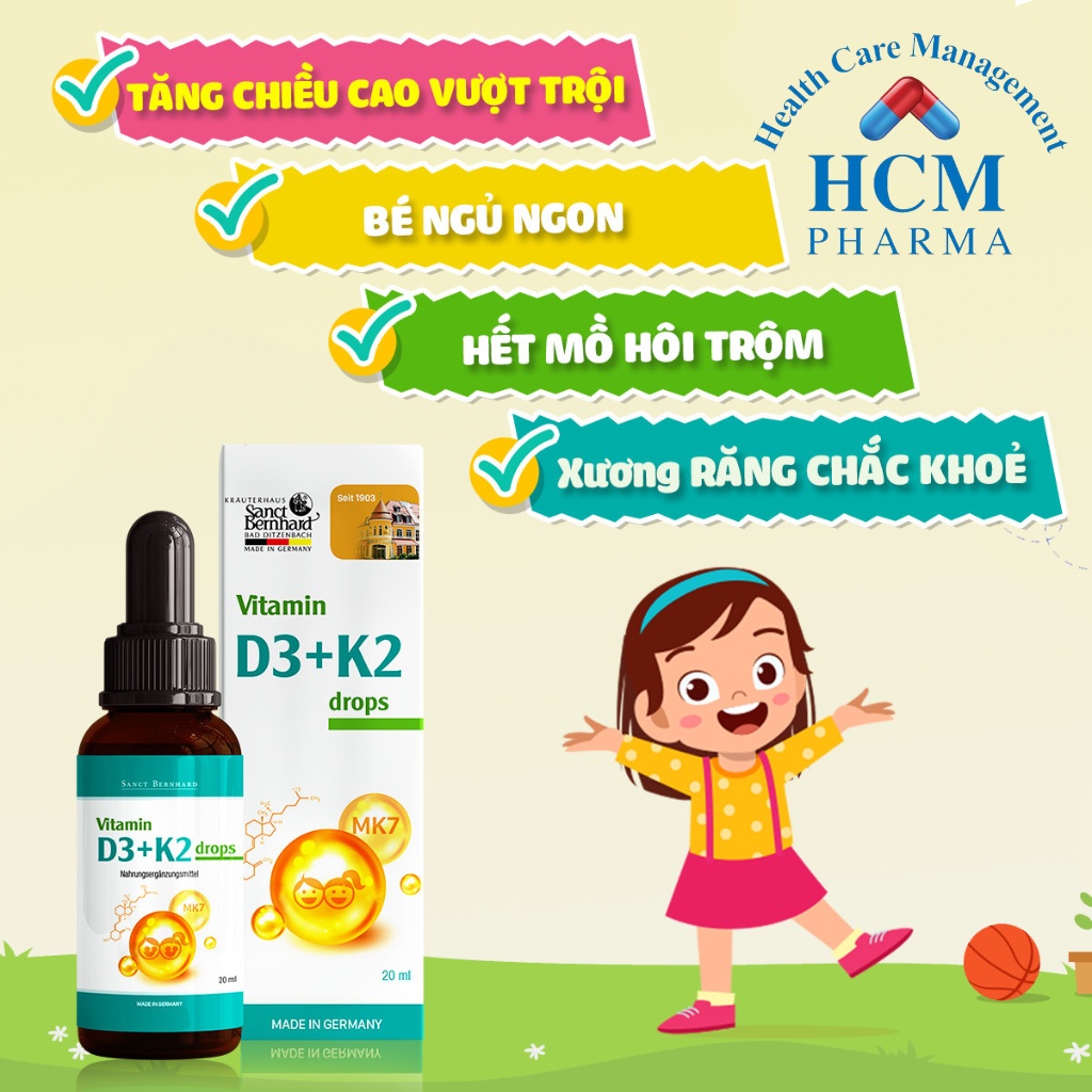 Vitamin D3 K2 mk7 tăng chiều cao cho trẻ sơ sinh Sanct Bernhard dạng drop chai 10ml nhập khẩu Đức HCM PHARMA TTG12