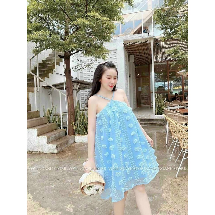 [9.9 Sales Freeship] Đầm babydoll xô bông 2 dây cổ yếm, đầm xòe bánh bèo cổ áo yếm hoa nổi đi biển xinh xắn