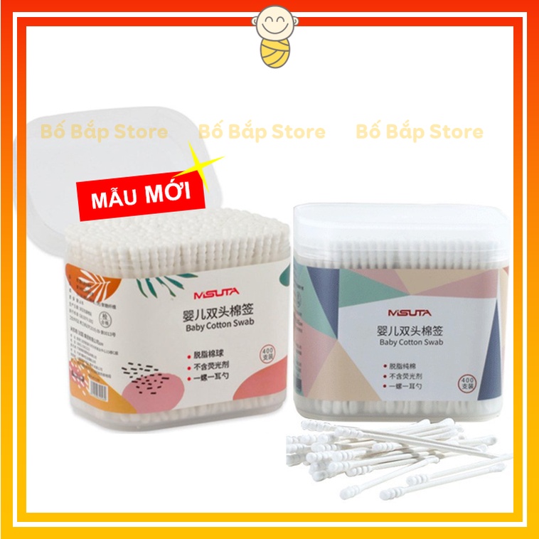 Tăm Bông MISUTA ⚡BÔNG TỰ NHIÊN⚡ Hộp 400 chiếc tăm bông đầu xoắn Misuta cao cấp - Bố Bắp Store