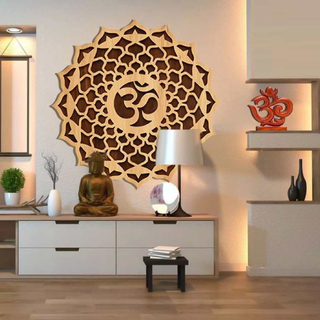 Tranh Gỗ Decor Hoa Mandala Chữ Om Treo Tường Phòng Thiền , Yoga 60cm