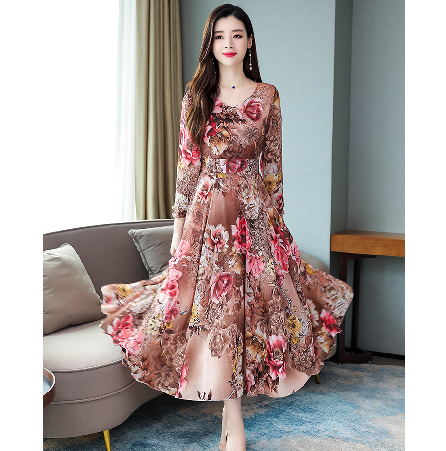 Đầm Maxi Tay Dài Hoạ Tiết Hoa Thiết Kế Cổ Chữ V Thanh Lịch Size M~3Xl