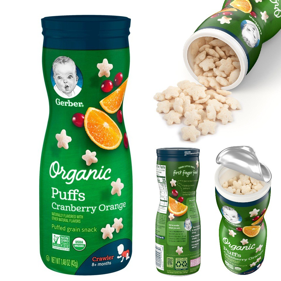 Bánh Ăn Dặm Gerber Puffs Organic 42g vị Nam Việt Quất Cam