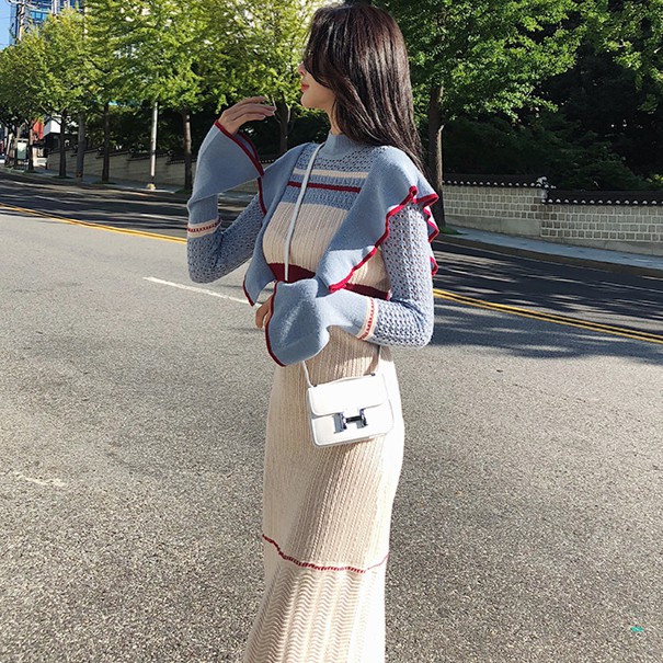 ❤Đầm Dệt Kim Một Mảnh Tay Dài Eo Cao Vừa Vặn Với 2 Màu Hoa Phong Cách Hàn Quốc