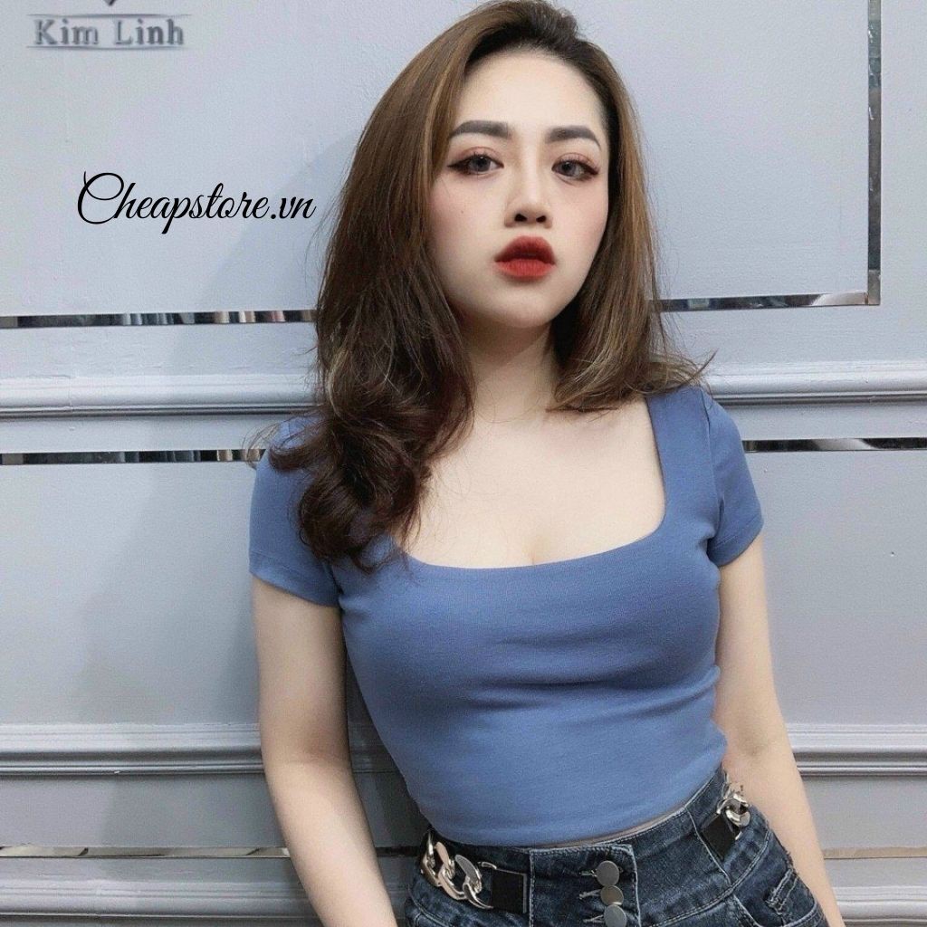 Áo thun croptop cổ U form ôm tay ngắn chất đẹp, hottren 2021 - Áo phông cổ U cộc tay chất zip  nhiều màu sắc A24