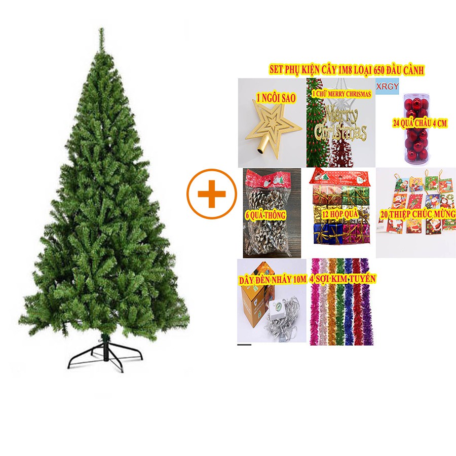 Cây thông Noel 180cm tán lá siêu dày loại 650 đầu cành+ Bộ phụ kiện trang trí cao cấp- C180