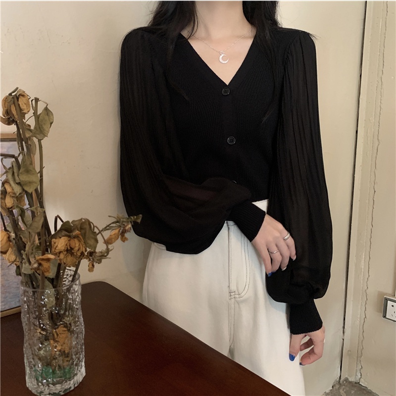 Áo chiffon dệt kim tay dài dáng ôm dễ phối đồ thời trang