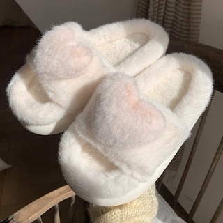 Dép quai ngang Trái tim dễ thương lông mềm ấm áp chống trơn trượt cho nữ ~ Cún bé tí