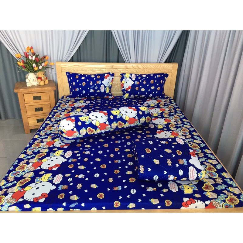 Drap thun❤️FREESHIP❤️ga thun lạnh Hàn Quốc mẫu mèo nơ (1 ga, 3 vỏ gối)