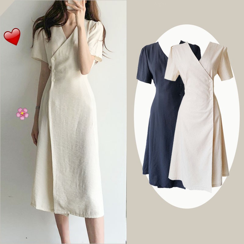 Xiaozhainv Đầm nữ xẻ cổ chữ V với 3 hàng nút ôm eo tay ngắn phong cách Hàn Quốc | BigBuy360 - bigbuy360.vn