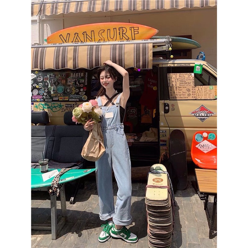 Quần yếm bò jeans ulzzang ống suông rộng / Yếm jeans áo liền quần ống rộng | BigBuy360 - bigbuy360.vn