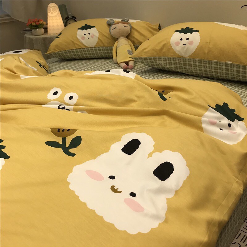 Bộ chăn ga gối drap giường chất cotton poly họa tiết thỏ hoa vàng chanh