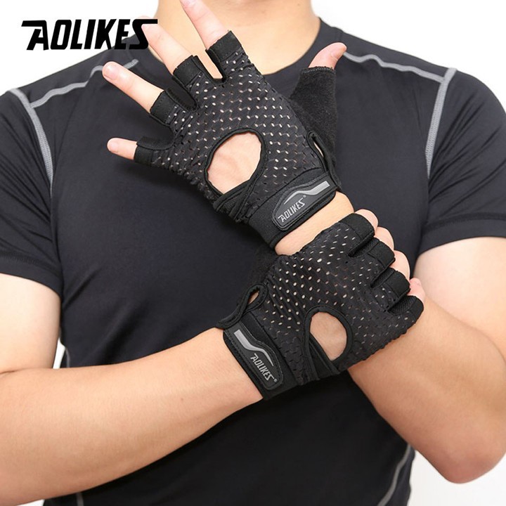 Bộ đôi găng tay nửa ngón thoáng khí đêm lót Silicone tập thể dục thể thao Aolikes AL113 (1 đôi)