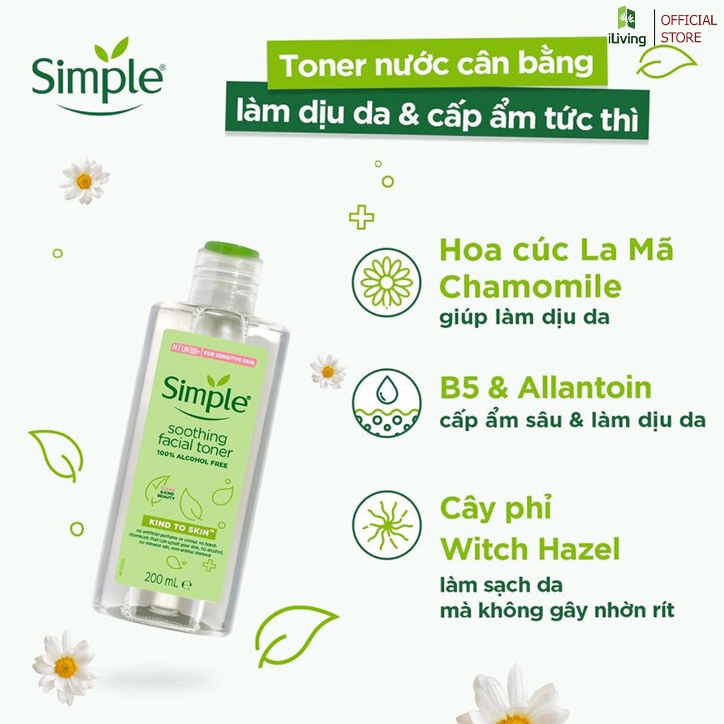 Combo làm sạch, ngừa mụn cho da nhạy cảm Simple ( nước tẩy trang + nước hoa hồng + sữa rửa mặt ) ILVING-SIMCBNTTNHHSRM