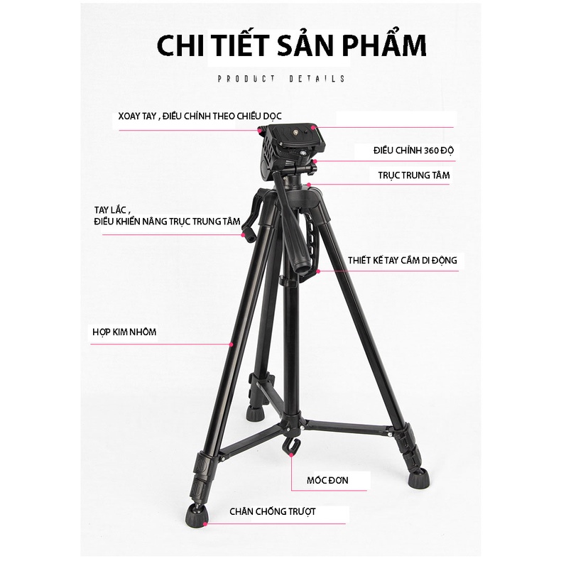 Gậy 3 Chân Máy Ảnh Chụp Hình Selfie Tự Sướng Tripod Floveme - 3366 cao 150cm Kèm Giá Đở Điện Thoại &amp; Máy Ảnh