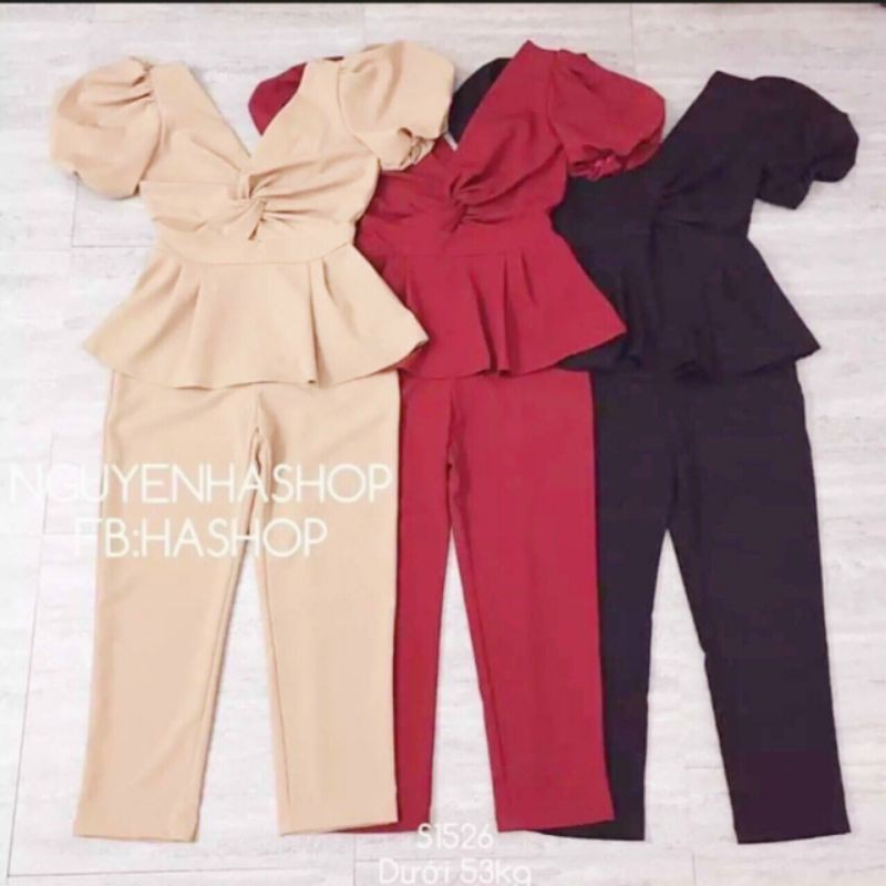 Set áo cổ tim xoắn ngực và quần dài