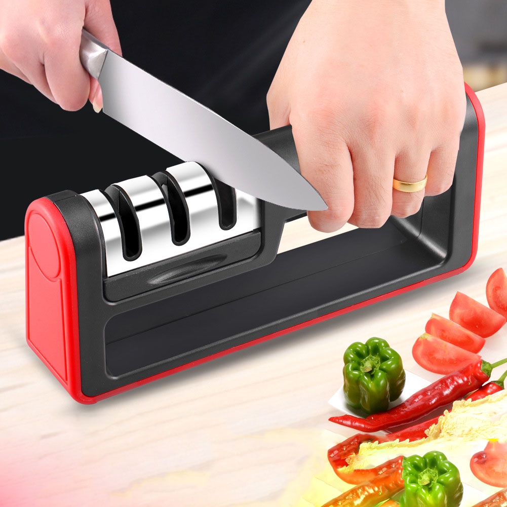 Dụng Cụ Mài Dao Kéo Màu Đỏ Đa Năng 3 Cấp Độ Cầm Tay Nhanh Bén Siêu Tiện Lợi