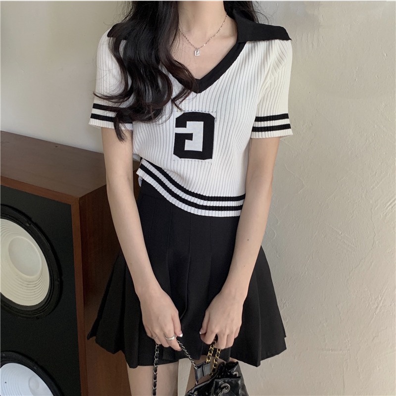 Áo kiểu ZHELIHANGFEI dệt kim tay ngắn cổ chữ V dáng rộng trẻ trung thời trang