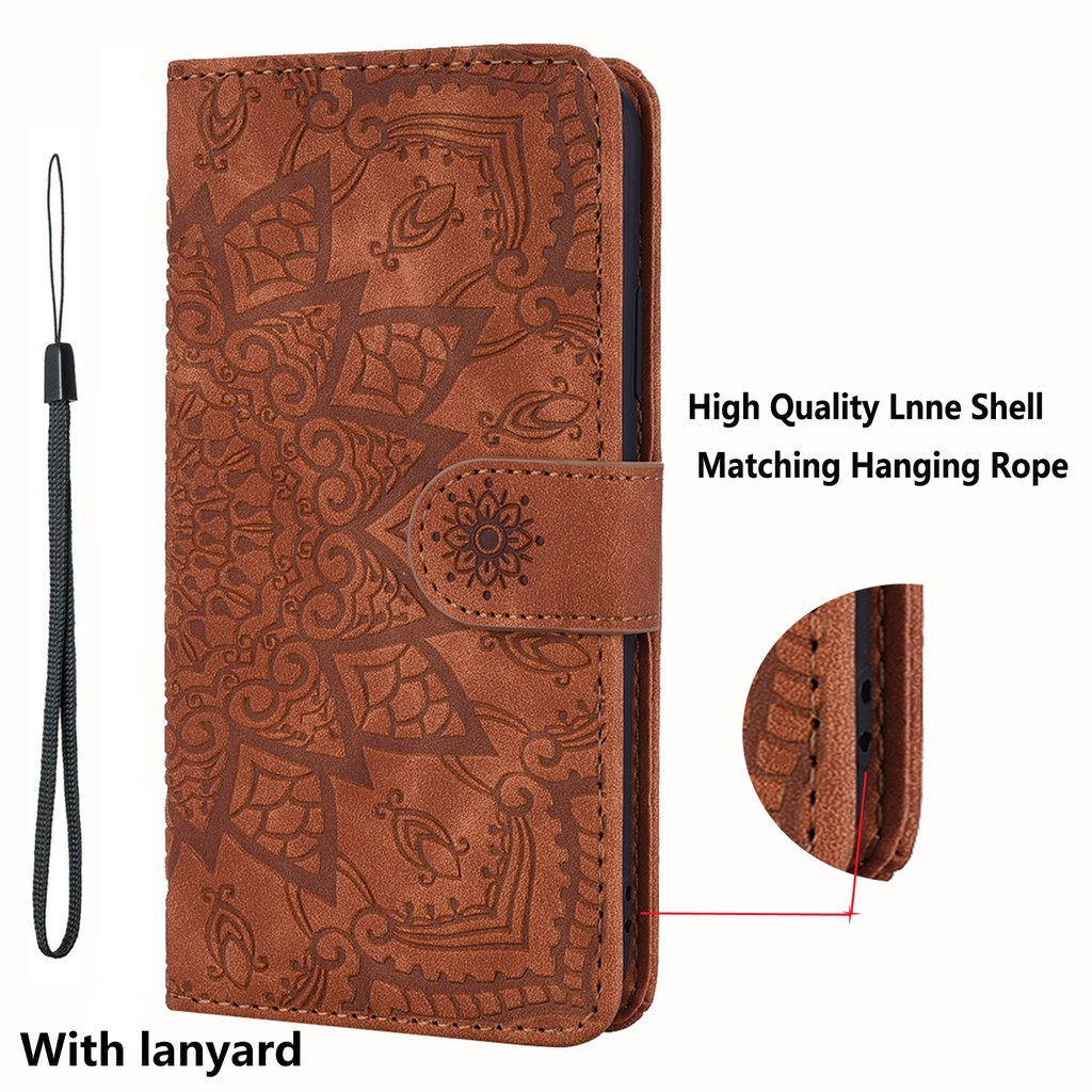 Xiaomi Mi 8 9 9T A3 Note 10 Pro Lite Poco F1 Mandala Embossed Leather Phone Case Magnet Flip Protection Wallet Card Slots Bracket Shockproof Soft Casing Cover Shell