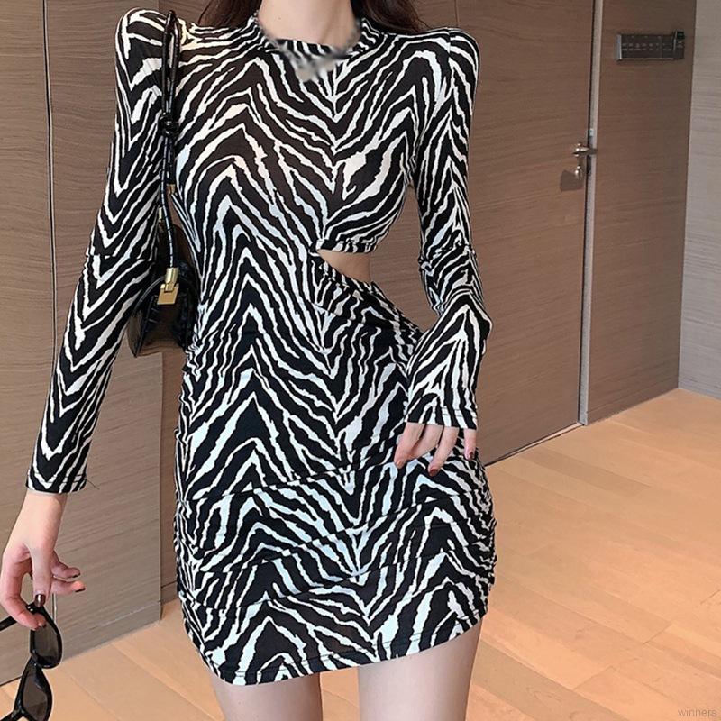 Đầm ôm cổ tròn họa tiết sọc ngựa vằn phong cách Hàn Quốc gợi cảm cho nữ | BigBuy360 - bigbuy360.vn