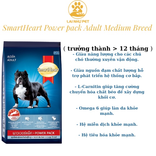 Thức ăn hạt giúp tăng cơ bắp cho chó Pitbull, Boxer, Dogo, Bully, Bulldog SMARTHEART POWER PACK 3kg MEDIUM ADUL