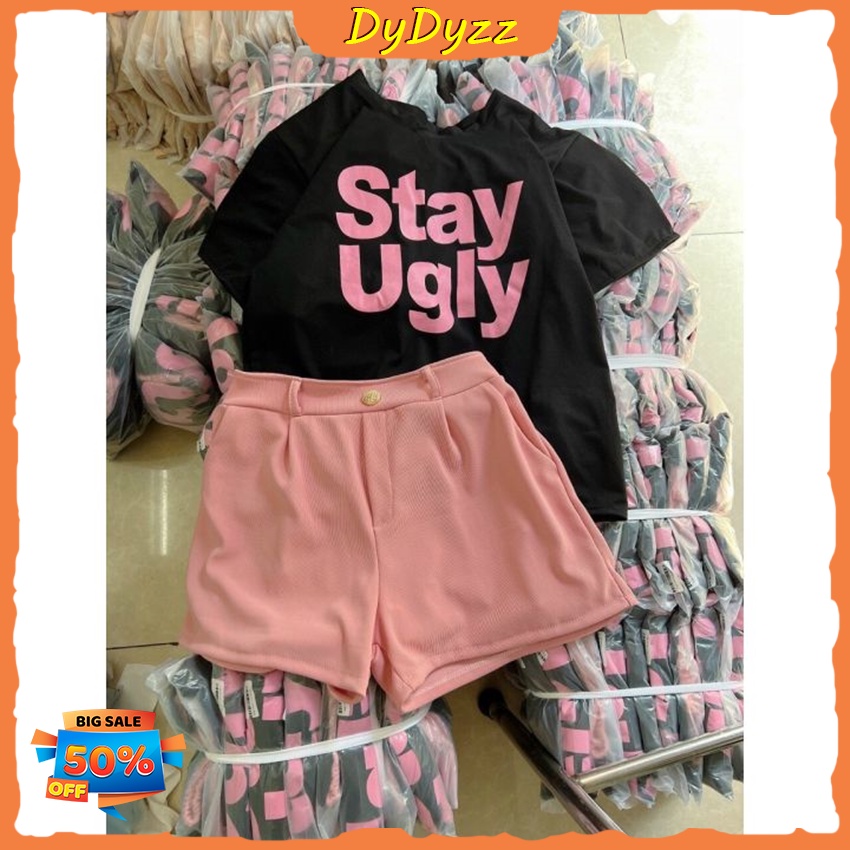 [Sales FreeShip] Set Bộ Áo Cotton In Chữ Stay Kèm Quần Xinh Xắn Cho Chị Em Phụ Nữ Năm 2022