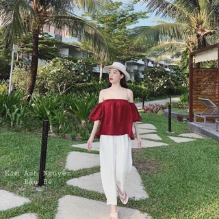 Set áo voan đỏ và quần đủi trắng