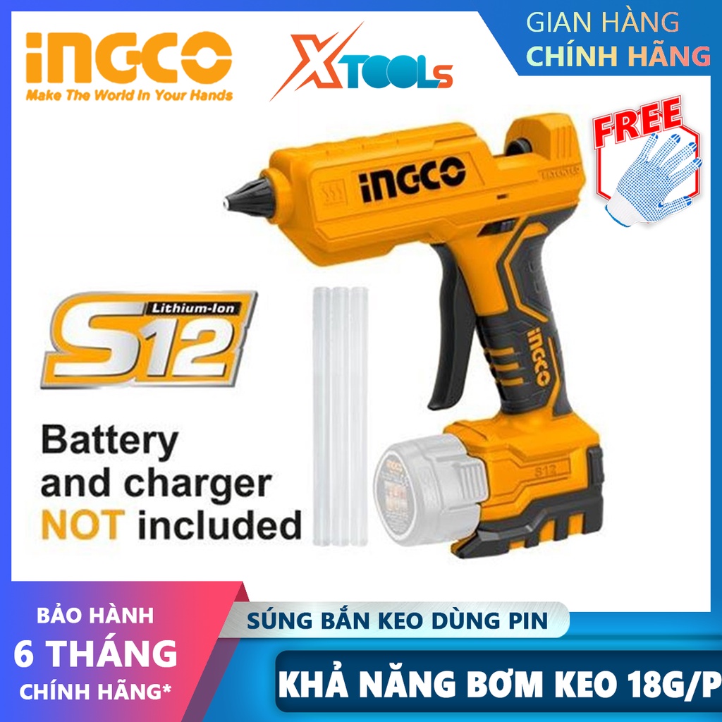 Súng bắn keo dùng pin INGCO CGGLI1201 | Máy bắn keo dùng pin 12V kích thước que keo:11.2mm - KHÔNG KÈM PIN VÀ SẠC
