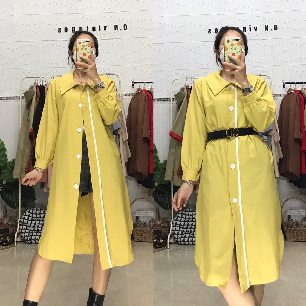 Áo măng tô dáng dài màu vàng siêu trẻ trung tay phồng cổ sen 2hand giá rẻ | BigBuy360 - bigbuy360.vn