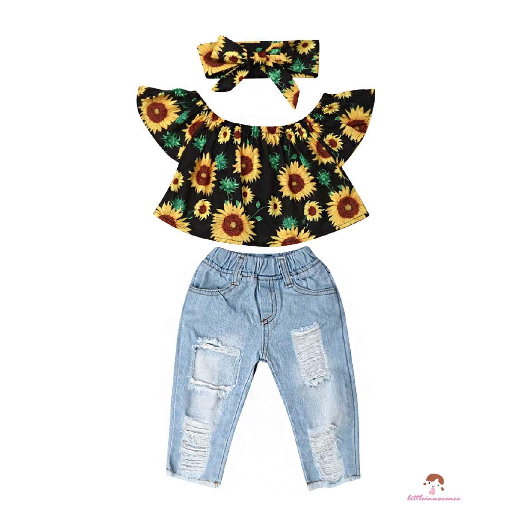 Set áo trễ vai tay ngắn in hình hoa hướng dương + quần denim + băng đô thời trang mùa hè cho bé gái