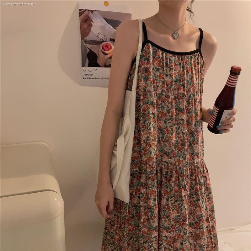 Summer new style net red A-line mid-length ruffled large-length sleeveless suspender dress for students to wear