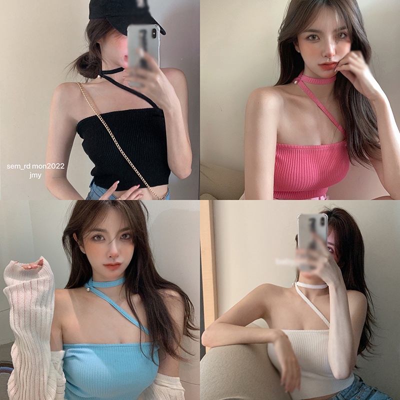 Áo croptop hai dây dệt kim màu trơn đơn giản phong cách Hàn Quốc thời trang