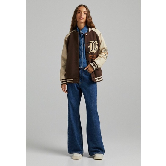 Áo khoác bóng chày varsity jacket trần bông tay da Bad Idea