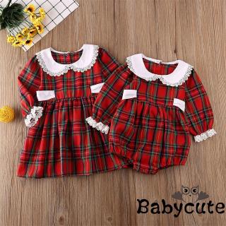 Đầm/romper tay dài họa tiết sọc caro thời trang giáng sinh xinh xắn cho bé gái
