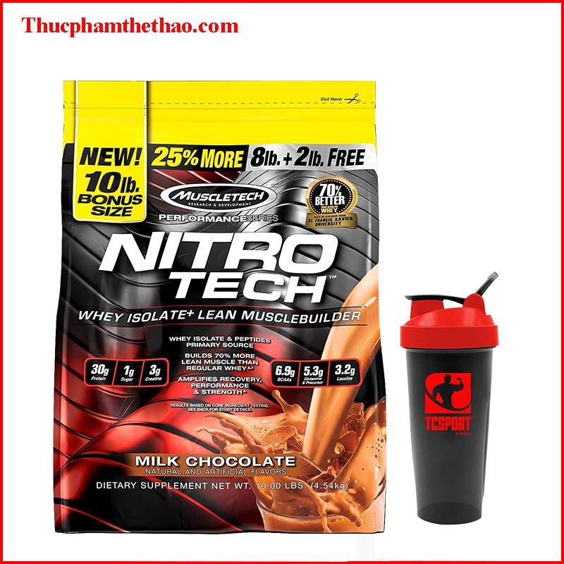 Sữa Tăng Cơ - Nitro Tech bịch 10lbs (4.5Kg) 2 mùi socola, vani - Kèm quà tặng - Hàng Chính Hãng Muscletech USA