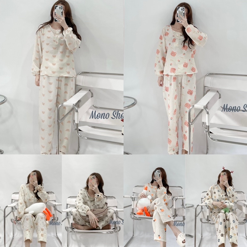 Đồ ngủ dài tay chất xốp hoạ tiết hoạt hình cổ cài nút Ảnh thật sẵn | BigBuy360 - bigbuy360.vn
