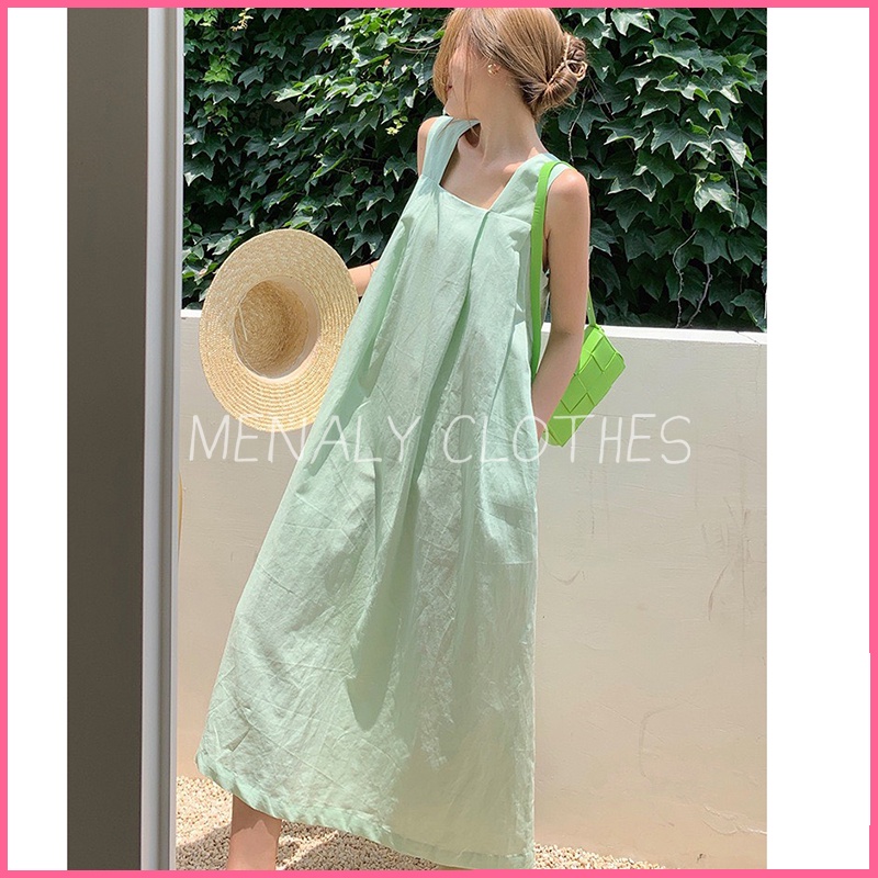 Váy 2 dây maxi đi biển bản to đan lưng dáng suông rộng cổ vuông MV097, váy khoét vai dáng dài qua gối