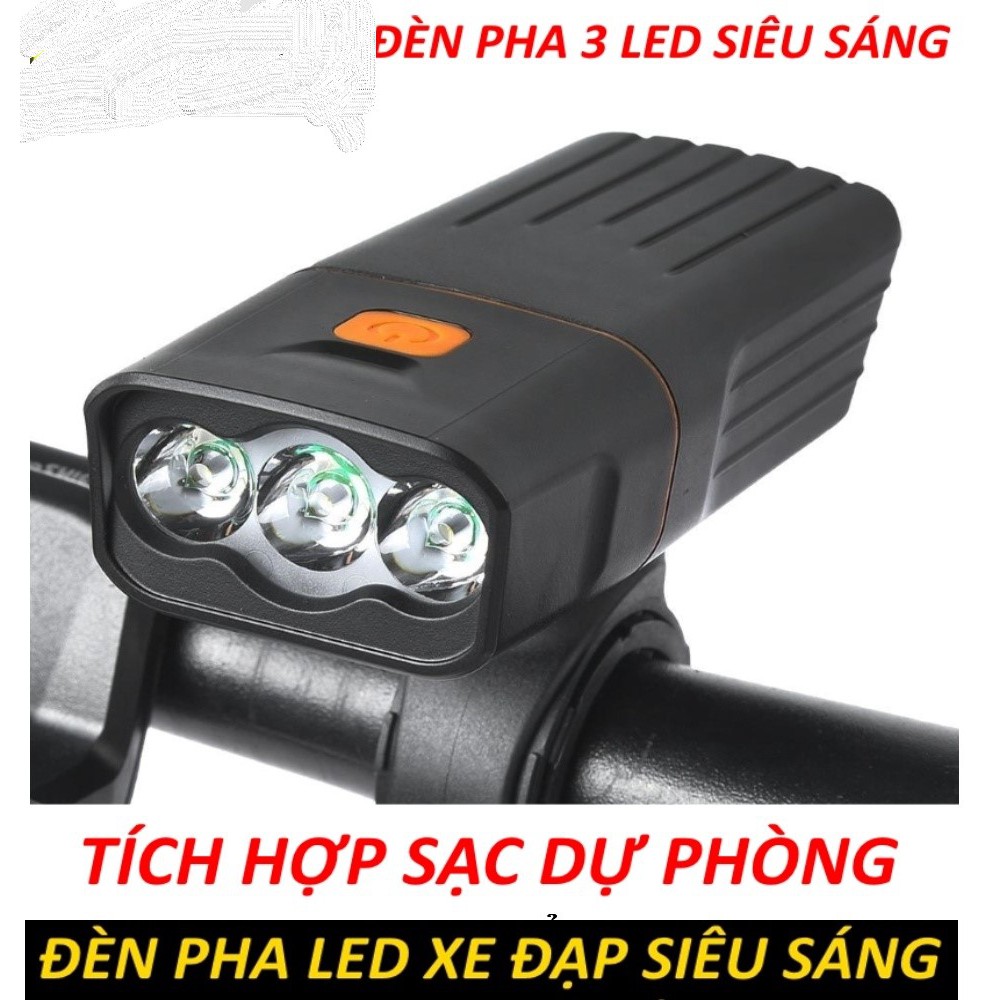 đèn pin siêu sáng cầm tay, đèn xe đạp 3 mắt độ sáng 1000lumen cao cấp chống nước tích hợp sạc dự phòng