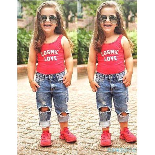 Set áo thun cộc tay và quần jeans rách gối thời trang cho bé gái