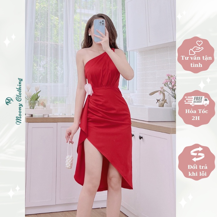 Đầm Nữ Lệch Vai Nhún Eo Kèm Tag Hoa Sang Chảnh. Váy Dự Tiệc Ôm Body Vạt Bèo Sz 40-70kg. Màu Đen-Trắng- Đỏ. Kèm Ảnh Thật