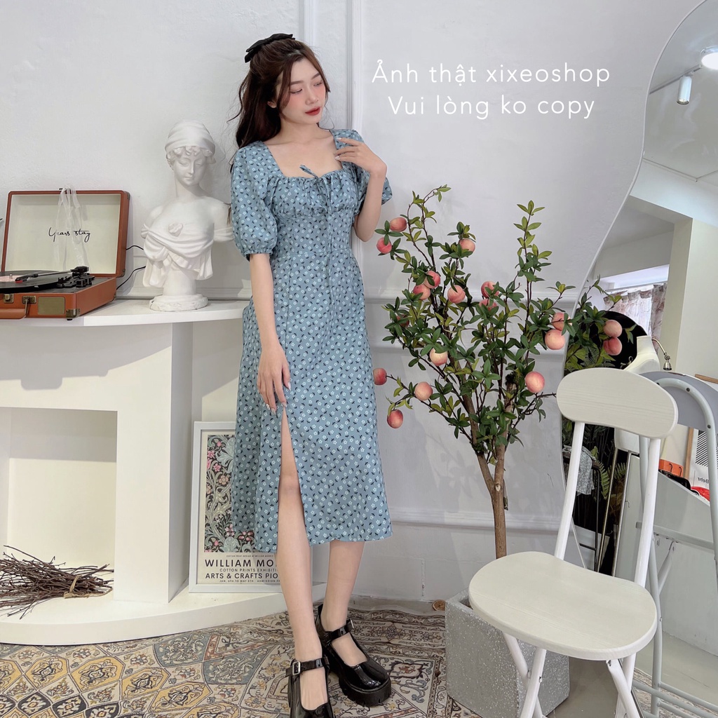 Váy hoa nhí vintage, đầm hoa cổ vuông xẻ tà phong cách Hàn Quốc xixeoshop - v84 | BigBuy360 - bigbuy360.vn