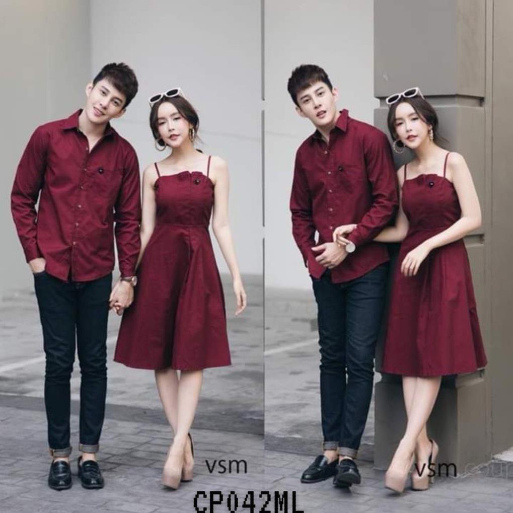 SẴN Áo đôi chụp cưới, Set đồ đôi váy 2 dây và sơ mi nam nữ màu đỏ đô HQCOUPLE AV165