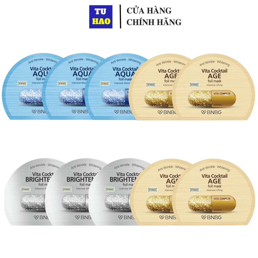 Hộp 10 Mặt nạ lá nguyên khối cao cấp dưỡng da BNBG Vita Cocktail Foil Mask30ml x10 (Instensive Lifting, Instensive Brigh