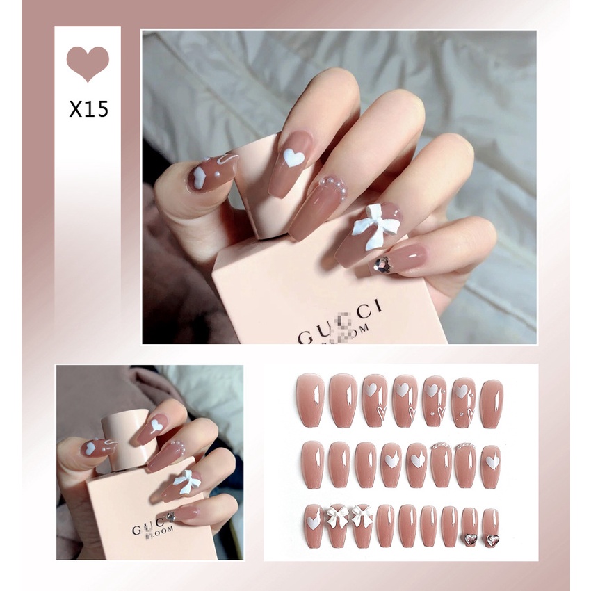 Bộ 24 móng tay giả vintage đính đá đính nơ Jojo X15 móng giả nailbox hotrend kèm keo tự làm tại nhà
