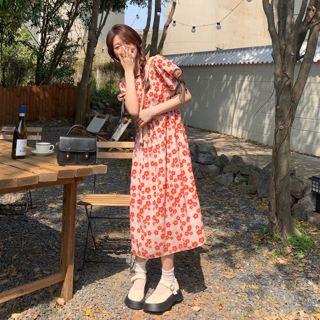 Đầm midi SUXI tay ngắn cổ tròn in họa tiết hoa phong cách cổ điển thời trang mùa hè xinh xắn cho nữ