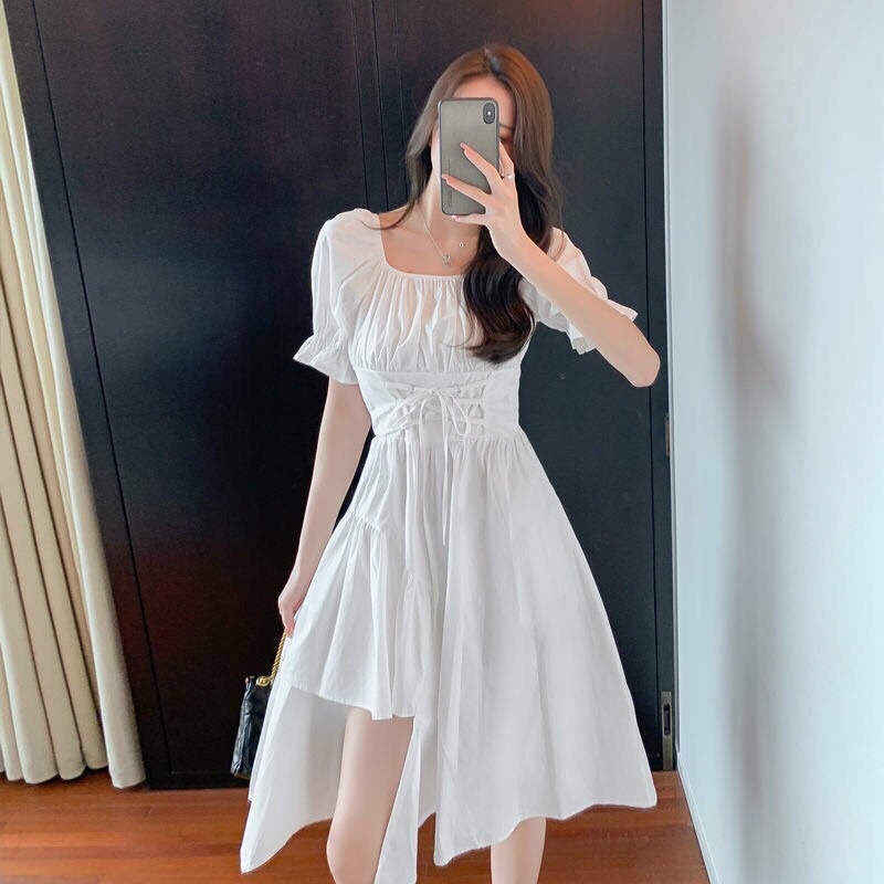 Váy Suông Cổ Vuông Lệch Tầng Dáng Dài Ulzzang Váy Nữ Ngắn Tay Đan Dây Eo Mầu Trắng Tinh Khôi ( Hàng Sẵn)