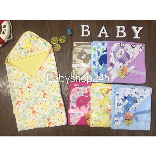 Chăn ủ cotton có mũ  - chăn ủ vuông cho bé sơ sinh