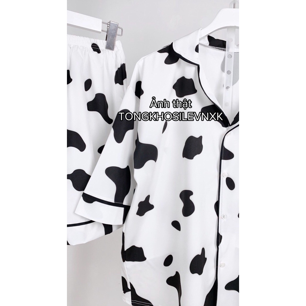 Bộ Ngủ Pyjama Bò Sữa Form Rộng Nam Nữ Unisex Chất Đũi - Set Áo Pijama Cổ Bẻ Quần Short Hàng Đẹp