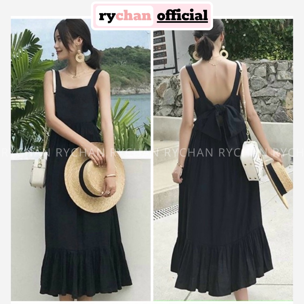 Đầm Nữ Du Lịch Biển Dáng Dài Xòe Hai Dây Hở Lưng Nơ Sau Cực Tôn Dáng Màu Đen [ẢNH THẬT CUỐI] - DX9757