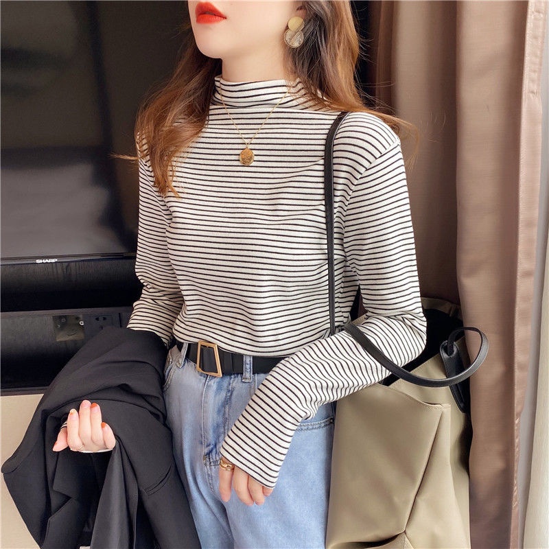 Áo Thun Tay Dài Cổ Cao 95% Cotton Họa Tiết Kẻ Sọc Thời Trang Cho Nữ 2021