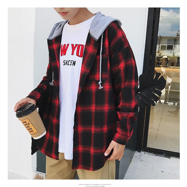 SMN01 Áo Sơ Mi Flannel Ulzzang Phối Mũ Kẻ Caro Unisex Cho Cả Nam Và Nữ Vải Kate